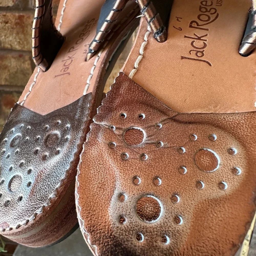 Jack Rogers Womens Jacks Flat Sandal Metallic Copper Leather Thong Size 6M